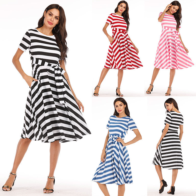 Summer New Mid-Length Dress With Belt And Stripes