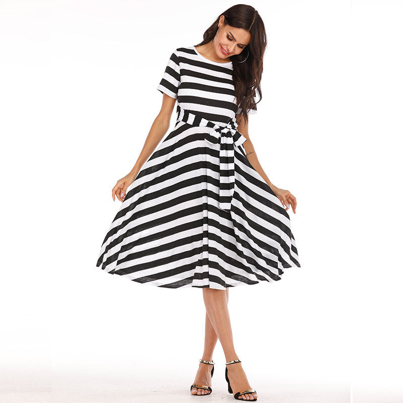 Summer New Mid-Length Dress With Belt And Stripes