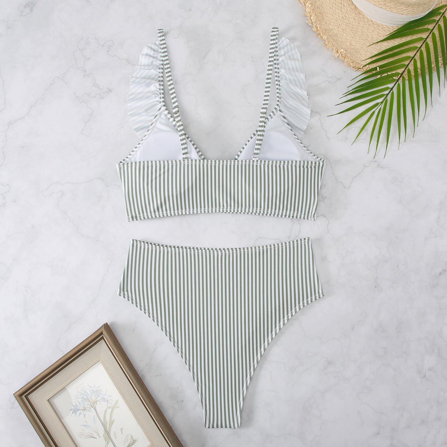 Fresh And Retro Striped Split Small Chest Bikini Vacation Swimwear
