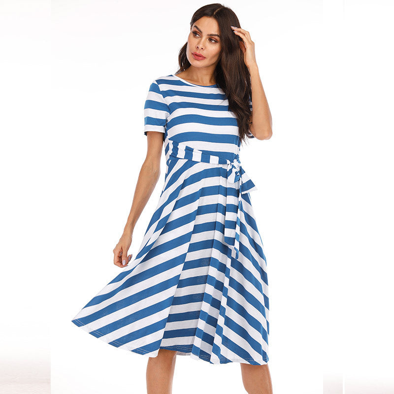 Summer New Mid-Length Dress With Belt And Stripes