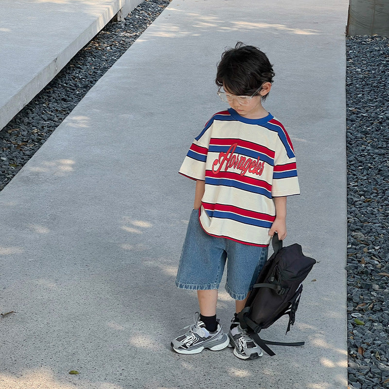 Children's Striped Print Round Neck Casual Top