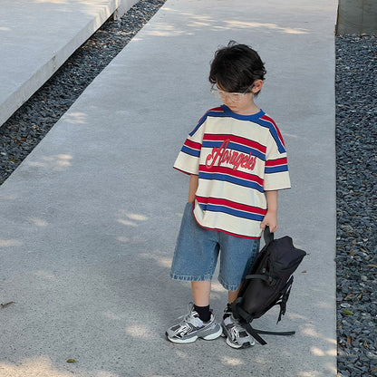 Children's Striped Print Round Neck Casual Top