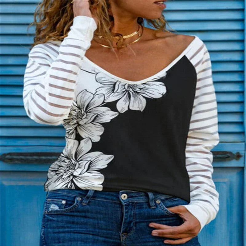 Printed V-Neck Long Sleeve All-Match Bottoming T-Shirt