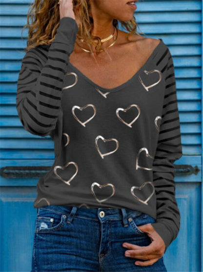 Printed V-Neck Long Sleeve All-Match Bottoming T-Shirt