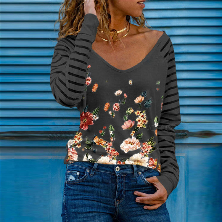 Printed V-Neck Long Sleeve All-Match Bottoming T-Shirt