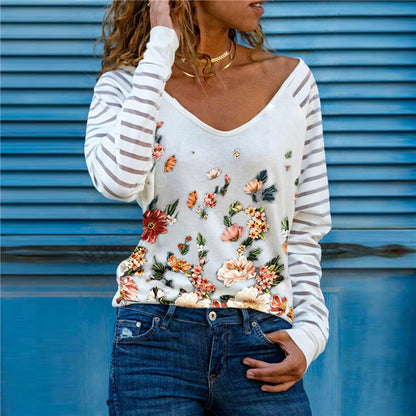 Printed V-Neck Long Sleeve All-Match Bottoming T-Shirt
