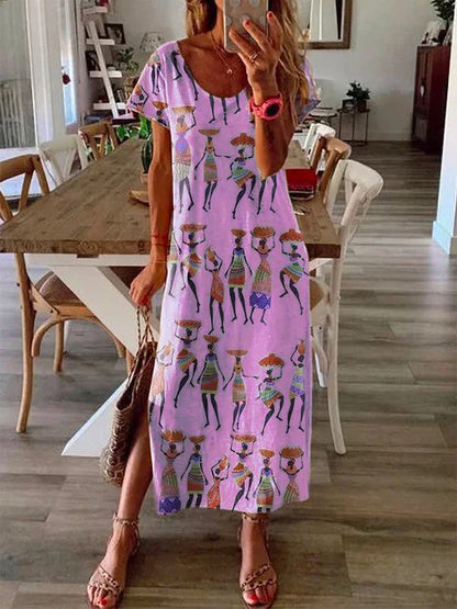 Women's Loose Long Skirt Ethnic Style Digital Printing Short-Sleeved Dress Women