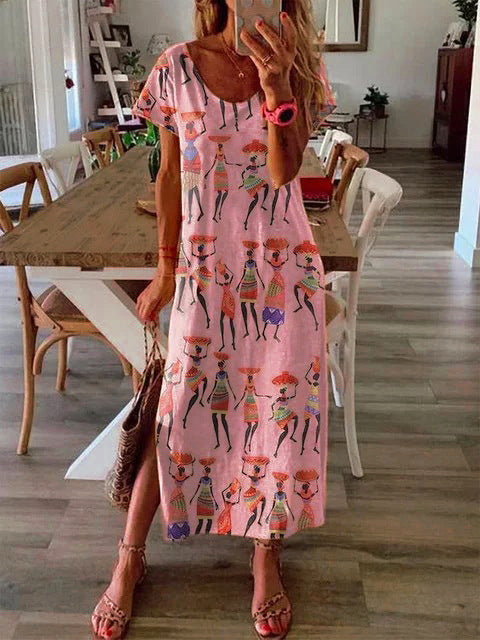 Women's Loose Long Skirt Ethnic Style Digital Printing Short-Sleeved Dress Women