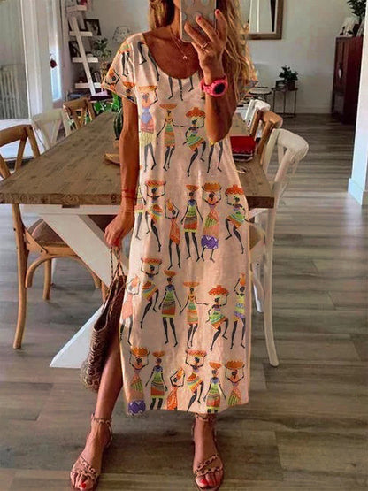 Women's Loose Long Skirt Ethnic Style Digital Printing Short-Sleeved Dress Women