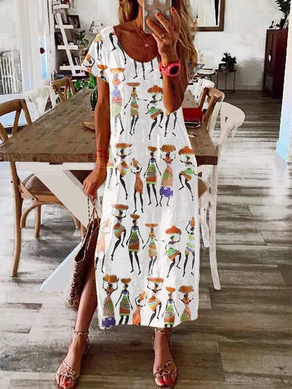 Women's Loose Long Skirt Ethnic Style Digital Printing Short-Sleeved Dress Women