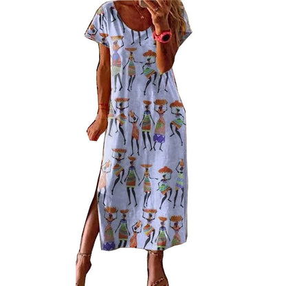 Women's Loose Long Skirt Ethnic Style Digital Printing Short-Sleeved Dress Women