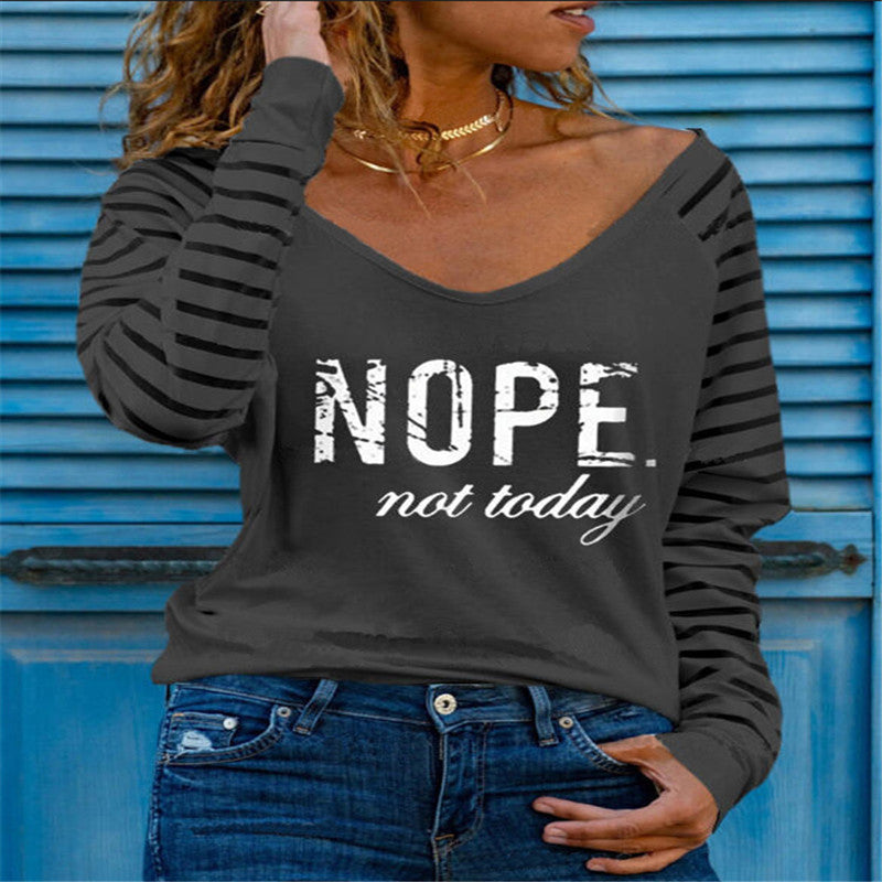 Printed V-Neck Long Sleeve All-Match Bottoming T-Shirt