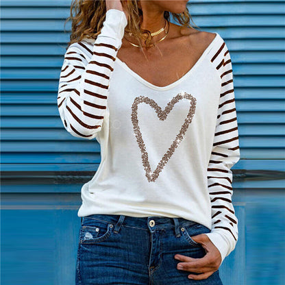 Printed V-Neck Long Sleeve All-Match Bottoming T-Shirt