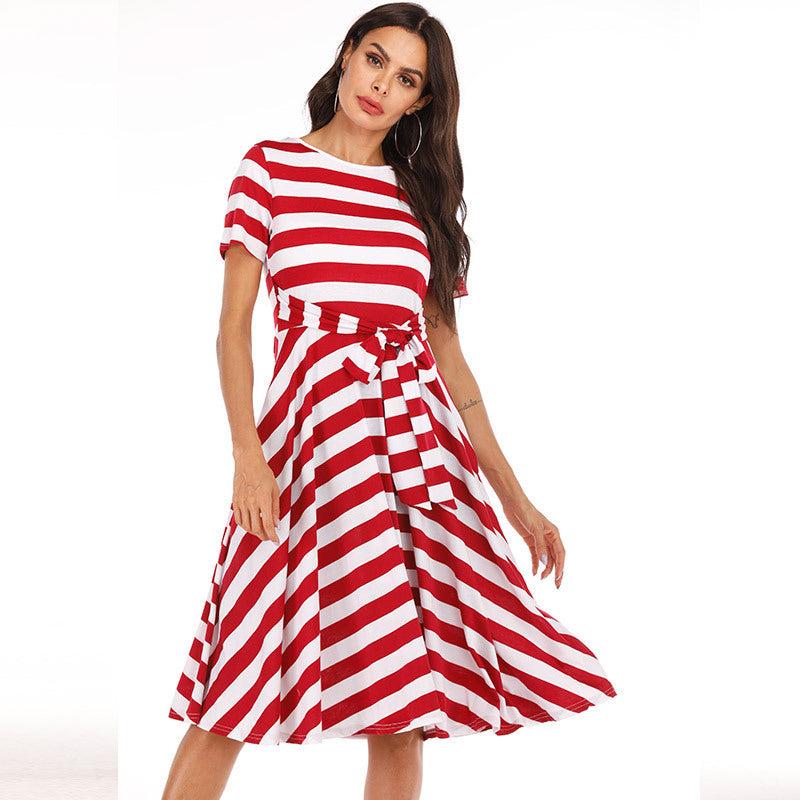 Summer New Mid-Length Dress With Belt And Stripes