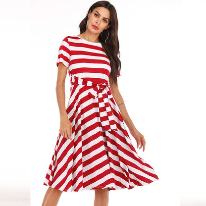 Summer New Mid-Length Dress With Belt And Stripes