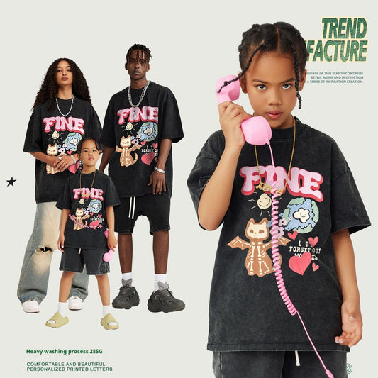 Monster Cartoon Print Children And Teens Short Sleeve