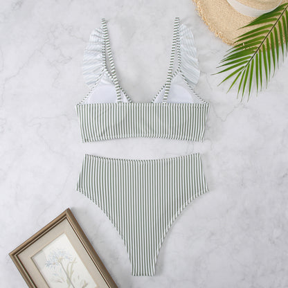 Fresh And Retro Striped Split Small Chest Bikini Vacation Swimwear